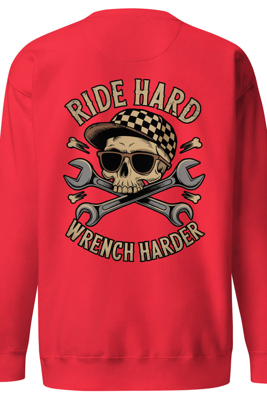Red Amp'd Up Custom Sweatshirt featuring 'Ride Hard, Wrench Harder' back illustration with skull and wrenches