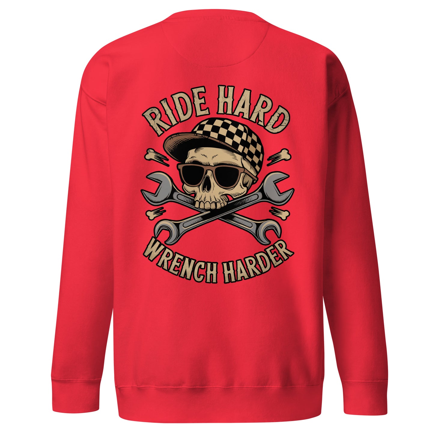Red Amp'd Up Custom Sweatshirt featuring 'Ride Hard, Wrench Harder' back illustration with skull and wrenches