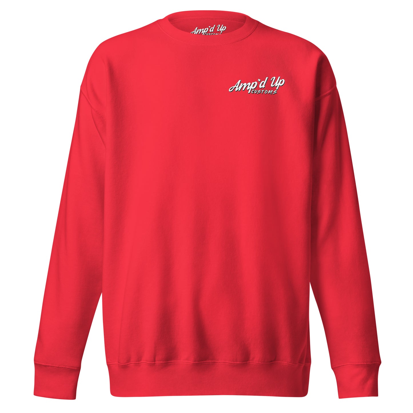 Red Amp'd Up Custom sweatshirt with Ride Hard, Wrench Harder graphic on the back illustration