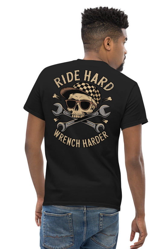 Back view of Ride Hard, Wrench Harder T-Shirt featuring a skull and crossed wrenches illustration