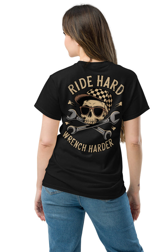 Ride Hard, Wrench Harder T-Shirt featuring a skull and crossed wrenches on the back illustration
