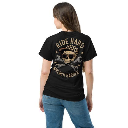 Ride Hard, Wrench Harder T-Shirt featuring a skull and crossed wrenches on the back illustration