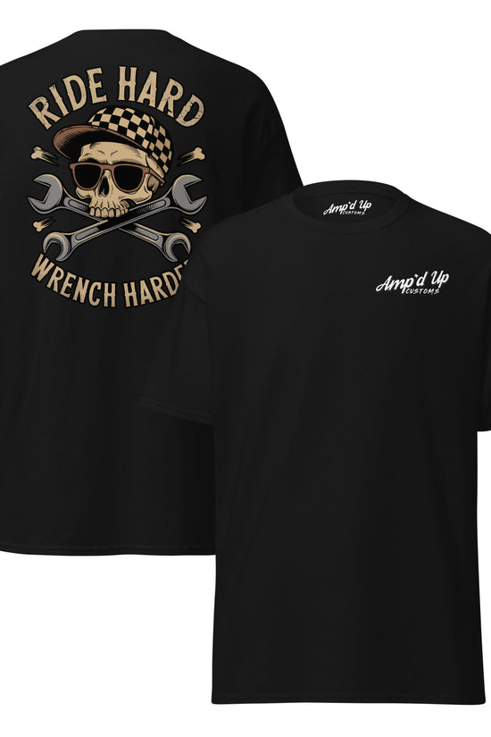 Back view of Amp'd Up Custom Ride Hard, Wrench Harder T-Shirt featuring a skull and wrenches design