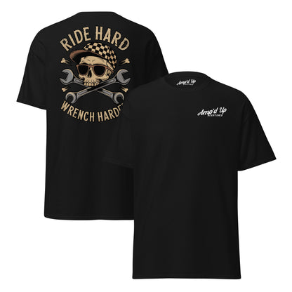 Back view of Amp'd Up Custom Ride Hard, Wrench Harder T-Shirt featuring a skull and wrenches design