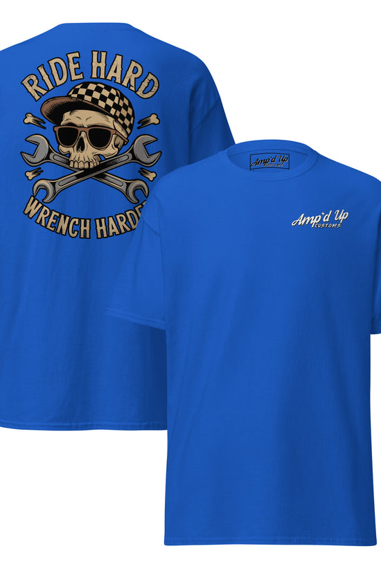 Back illustration of Ride Hard, Wrench Harder T-Shirt by Amp'd Up Custom in vibrant blue color