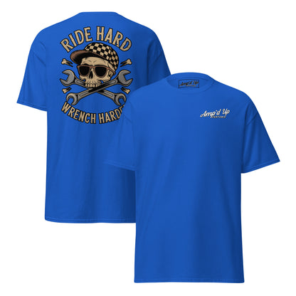 Back illustration of Ride Hard, Wrench Harder T-Shirt by Amp'd Up Custom in vibrant blue color