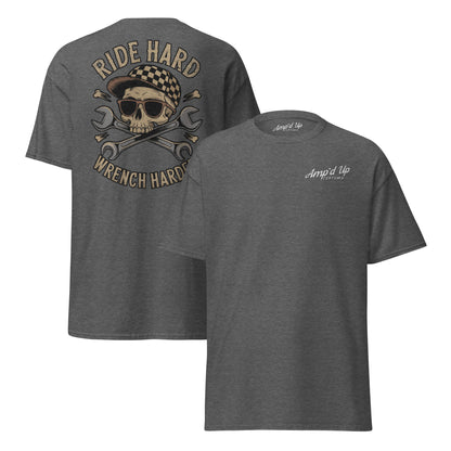 Ride Hard, Wrench Harder T-Shirt featuring a skull and crossed wrenches back illustration in gray