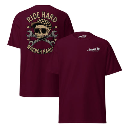 Amp'd Up Custom Ride Hard, Wrench Harder T-Shirt with Skull and Wrench Design on Back