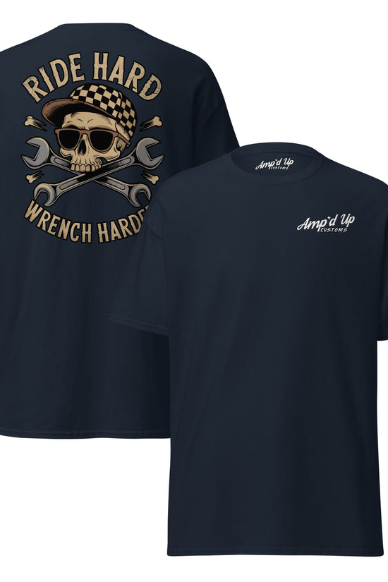 Ride Hard, Wrench Harder T-Shirt featuring skull and wrench illustration on the back in navy blue