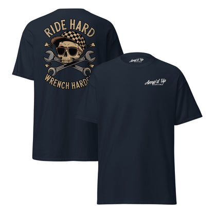 Ride Hard, Wrench Harder T-Shirt featuring skull and wrench illustration on the back in navy blue