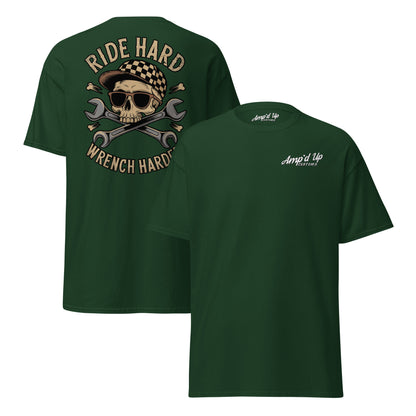 Amp'd Up Custom Ride Hard, Wrench Harder T-Shirt featuring back illustration of a skull and crossed wrenches