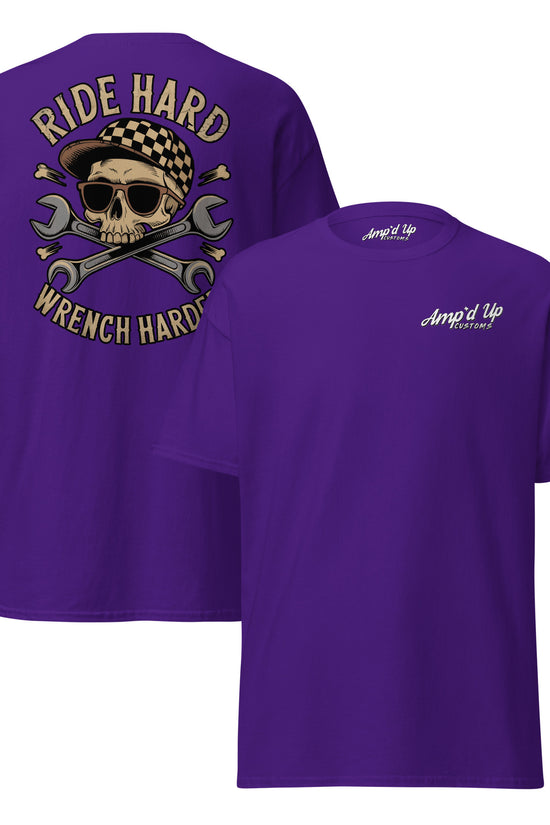 Purple Ride Hard, Wrench Harder T-Shirt featuring a skull and wrench back illustration