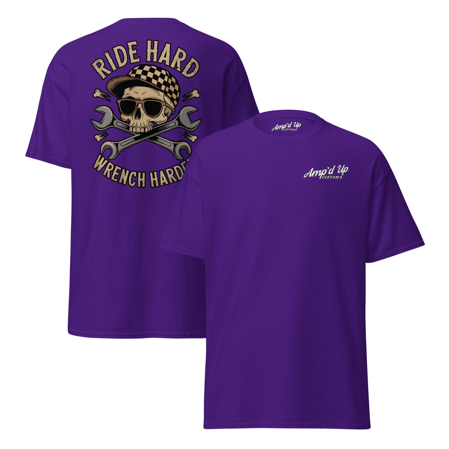 Purple Ride Hard, Wrench Harder T-Shirt featuring a skull and wrench back illustration