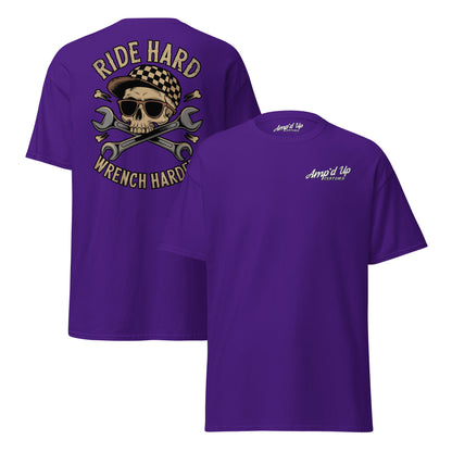 Purple Ride Hard, Wrench Harder T-Shirt featuring a skull and wrench back illustration
