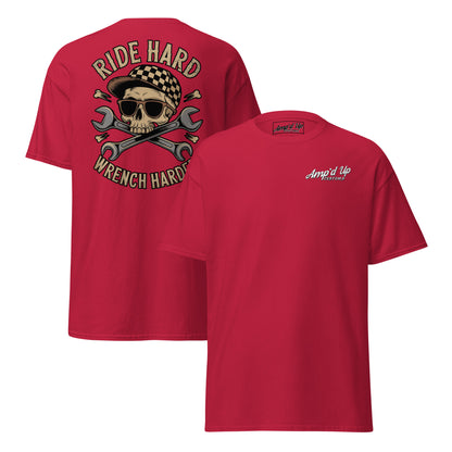 Red Amp'd Up Custom Ride Hard, Wrench Harder T-Shirt featuring back illustration of a skull and wrenches