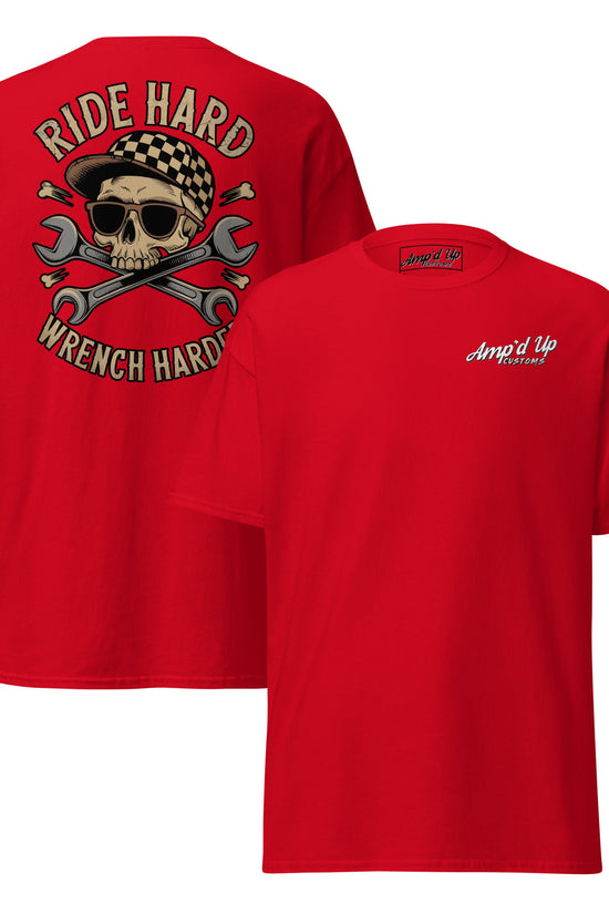 Red Amp'd Up Custom Ride Hard, Wrench Harder T-Shirt featuring back illustration with skull and wrenches