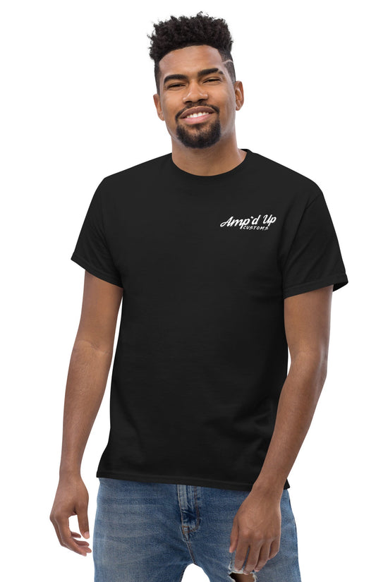 Amp'd Up Custom Ride Hard, Wrench Harder T-Shirt featuring a stylish black fabric and classic fit