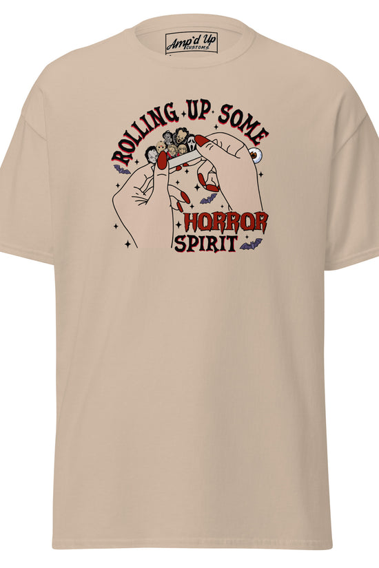 Beige Amp'd Up Custom Rolling up Some Horror Spirit T-Shirt with graphic hands and horror-themed design