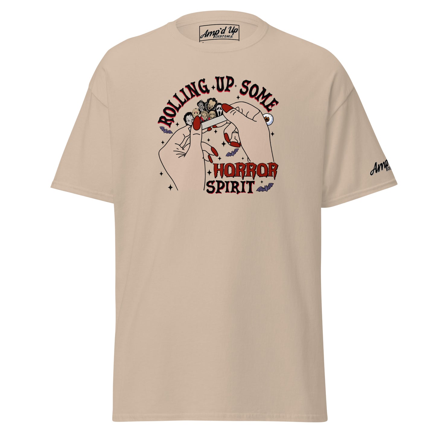 Beige Amp'd Up Custom Rolling up Some Horror Spirit T-Shirt with graphic hands and horror-themed design