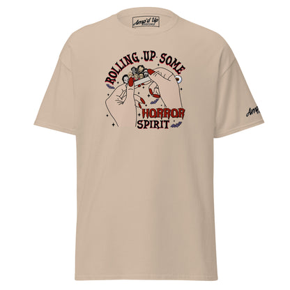 Beige Amp'd Up Custom Rolling up Some Horror Spirit T-Shirt with graphic hands and horror-themed design