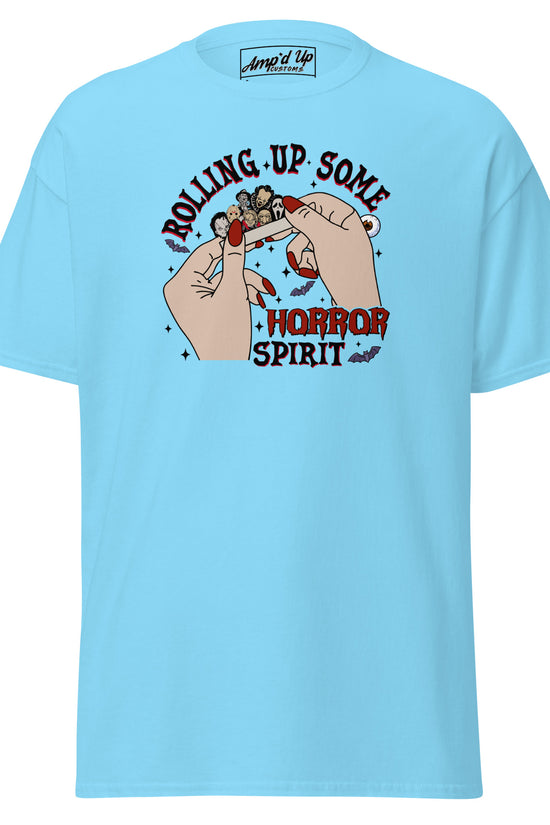 Amp'd Up Custom Rolling up Some Horror Spirit T-Shirt in light blue with graphic hands rolling a horror-themed joint