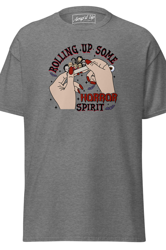 Gray Amp'd Up Custom Rolling up Some Horror Spirit T-Shirt with hands rolling horror-themed cigarette graphic