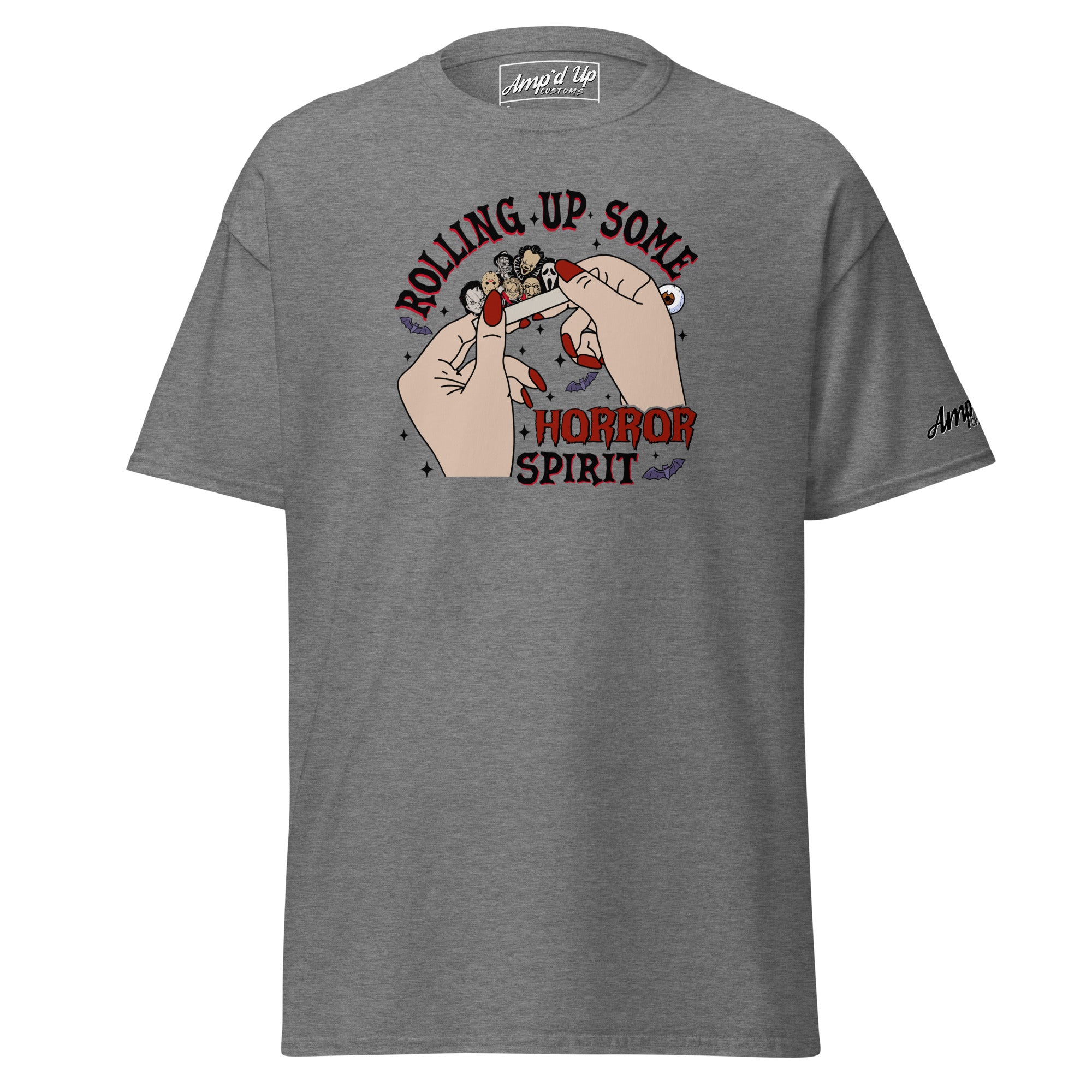 Gray Amp'd Up Custom Rolling up Some Horror Spirit T-Shirt with hands rolling horror-themed cigarette graphic