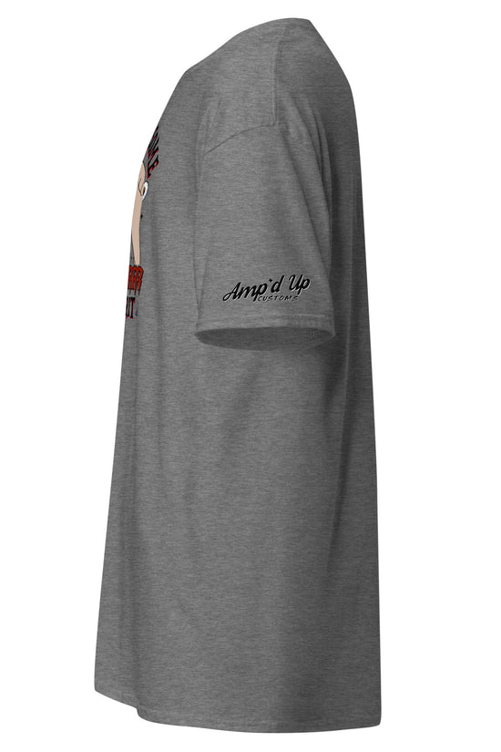 Side view of gray Rolling up Some Horror Spirit T-Shirt by Amp'd Up Custom with short sleeves