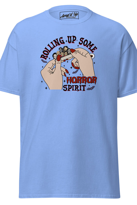 Light blue Rolling up Some Horror Spirit T-Shirt by Amp'd Up Custom with graphic hands rolling a horror-themed cigarette