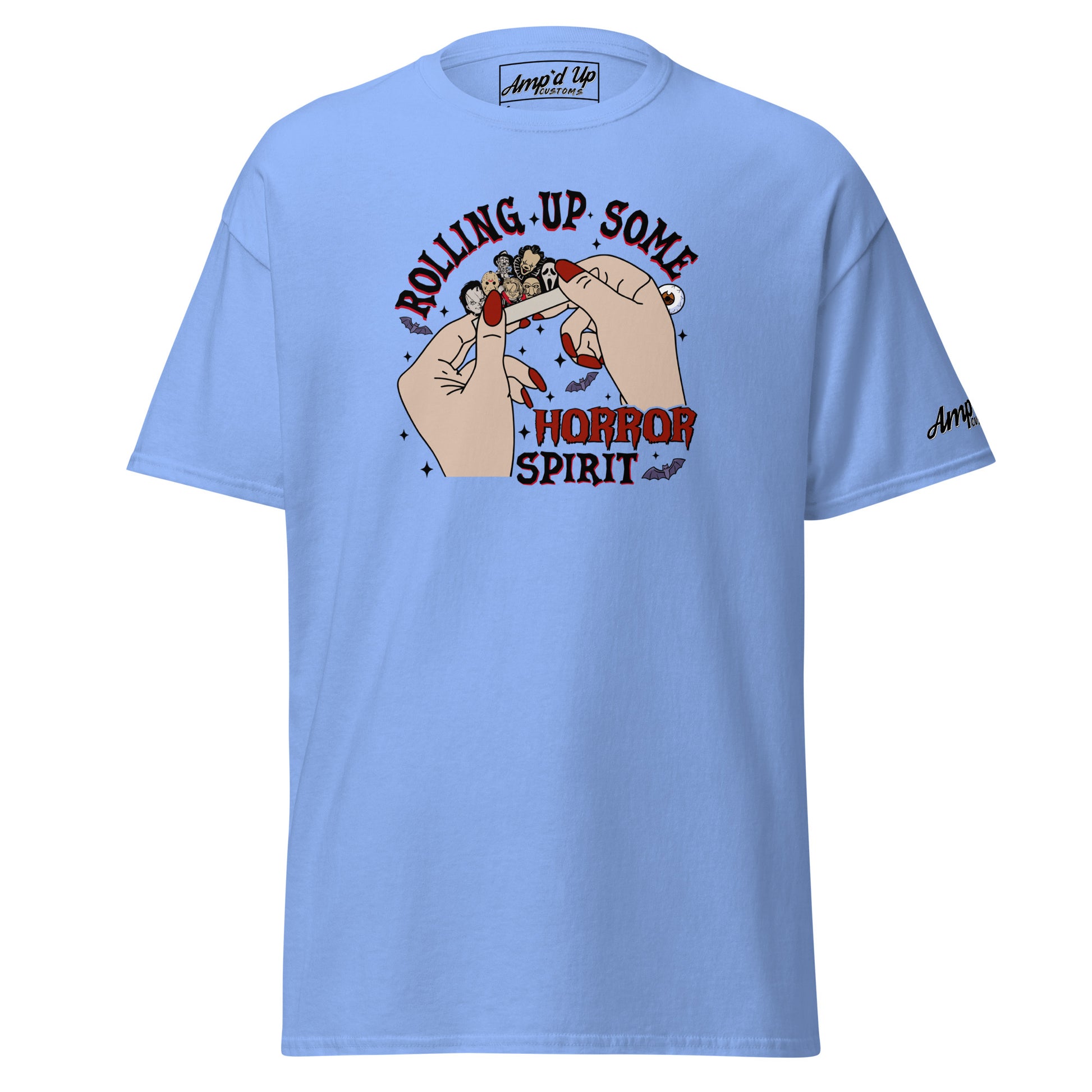 Light blue Rolling up Some Horror Spirit T-Shirt by Amp'd Up Custom with graphic hands rolling a horror-themed cigarette
