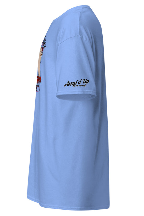 Light blue Rolling up Some Horror Spirit T-Shirt by Amp'd Up Custom shown from side with logo on sleeve