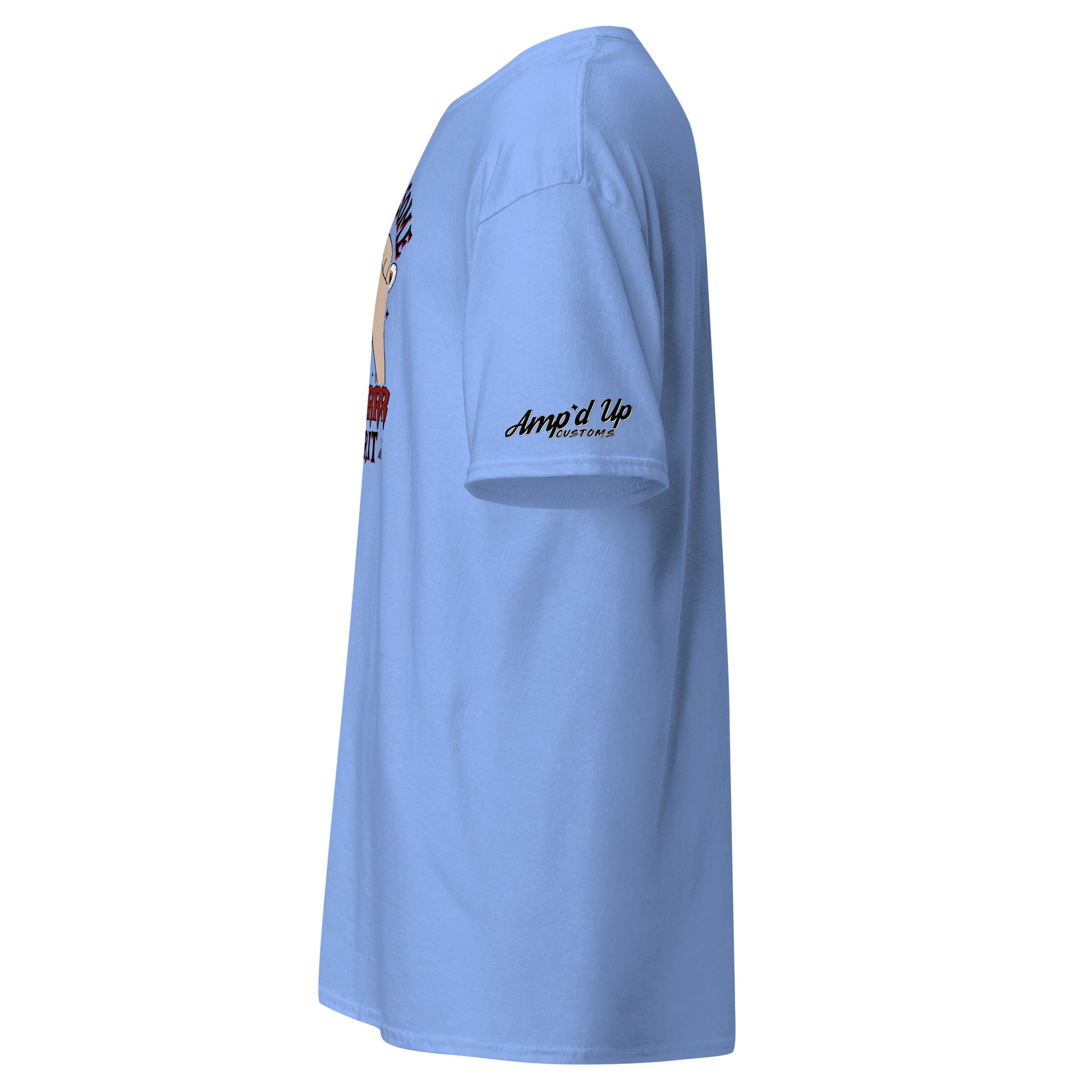Light blue Rolling up Some Horror Spirit T-Shirt by Amp'd Up Custom shown from side with logo on sleeve