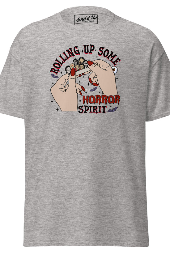 Gray Rolling up Some Horror Spirit T-Shirt by Amp'd Up Custom with hands rolling a horror-themed joint graphic