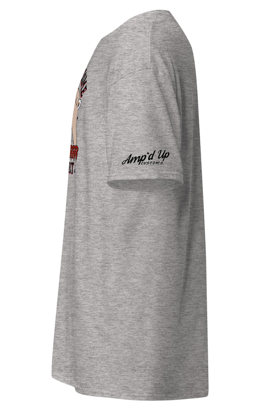 Side view of Amp'd Up Custom gray Rolling up Some Horror Spirit T-Shirt with brand logo on sleeve