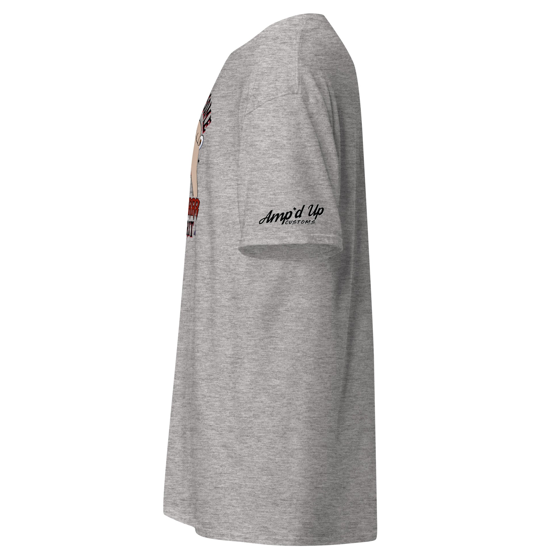 Side view of Amp'd Up Custom gray Rolling up Some Horror Spirit T-Shirt with brand logo on sleeve