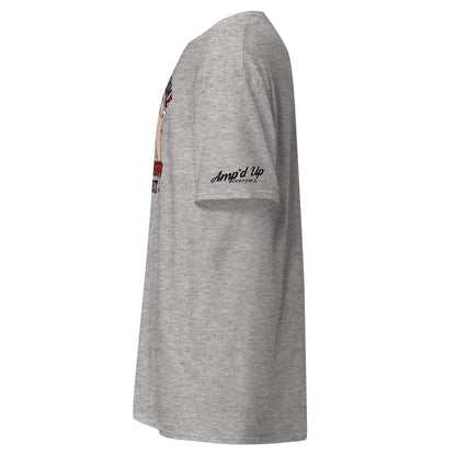 Side view of Amp'd Up Custom gray Rolling up Some Horror Spirit T-Shirt with brand logo on sleeve