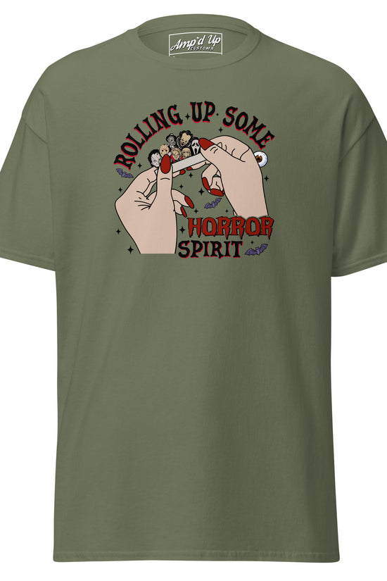 Amp'd Up Custom Rolling up Some Horror Spirit T-Shirt with hands rolling a horror-themed joint design