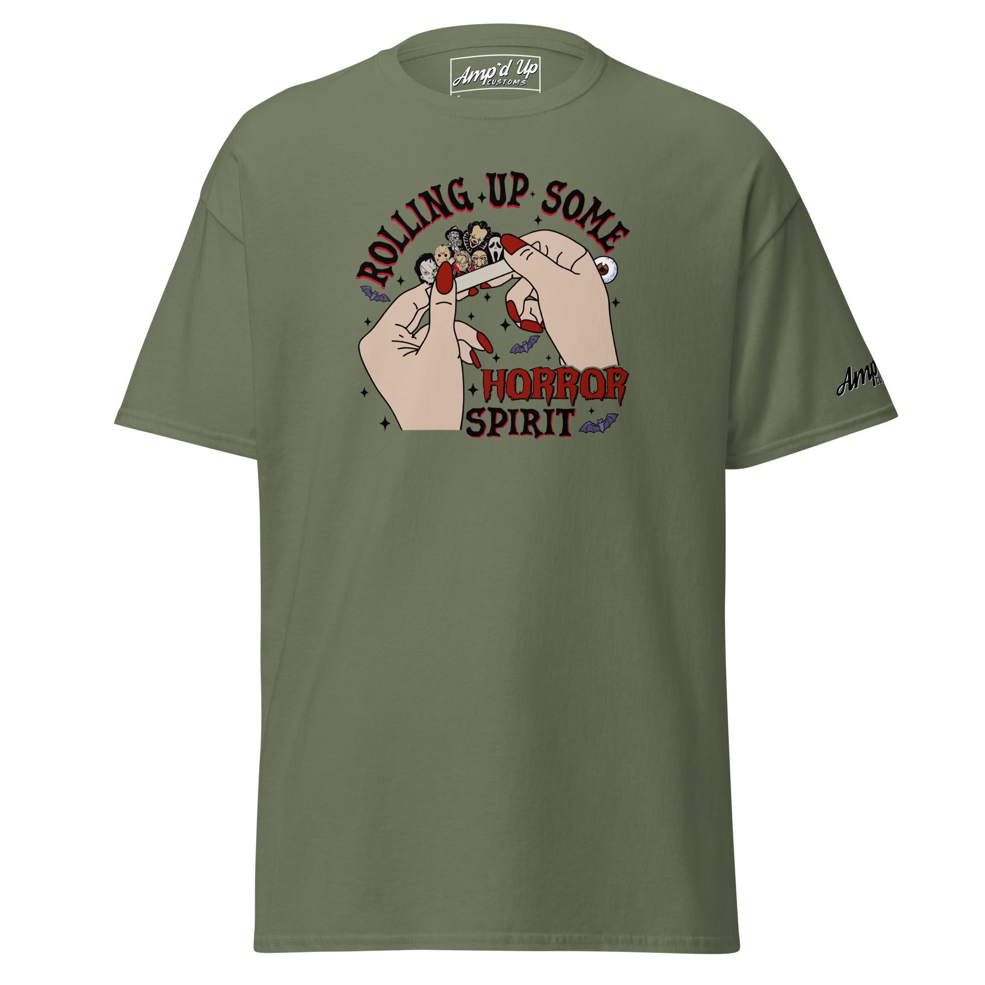 Amp'd Up Custom Rolling up Some Horror Spirit T-Shirt with hands rolling a horror-themed joint design