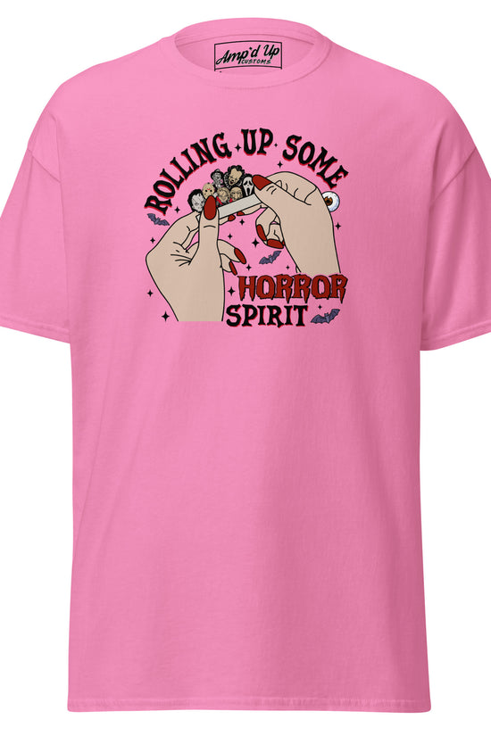Amp'd Up Custom pink Rolling up Some Horror Spirit T-Shirt with graphic hands rolling a horror-themed joint