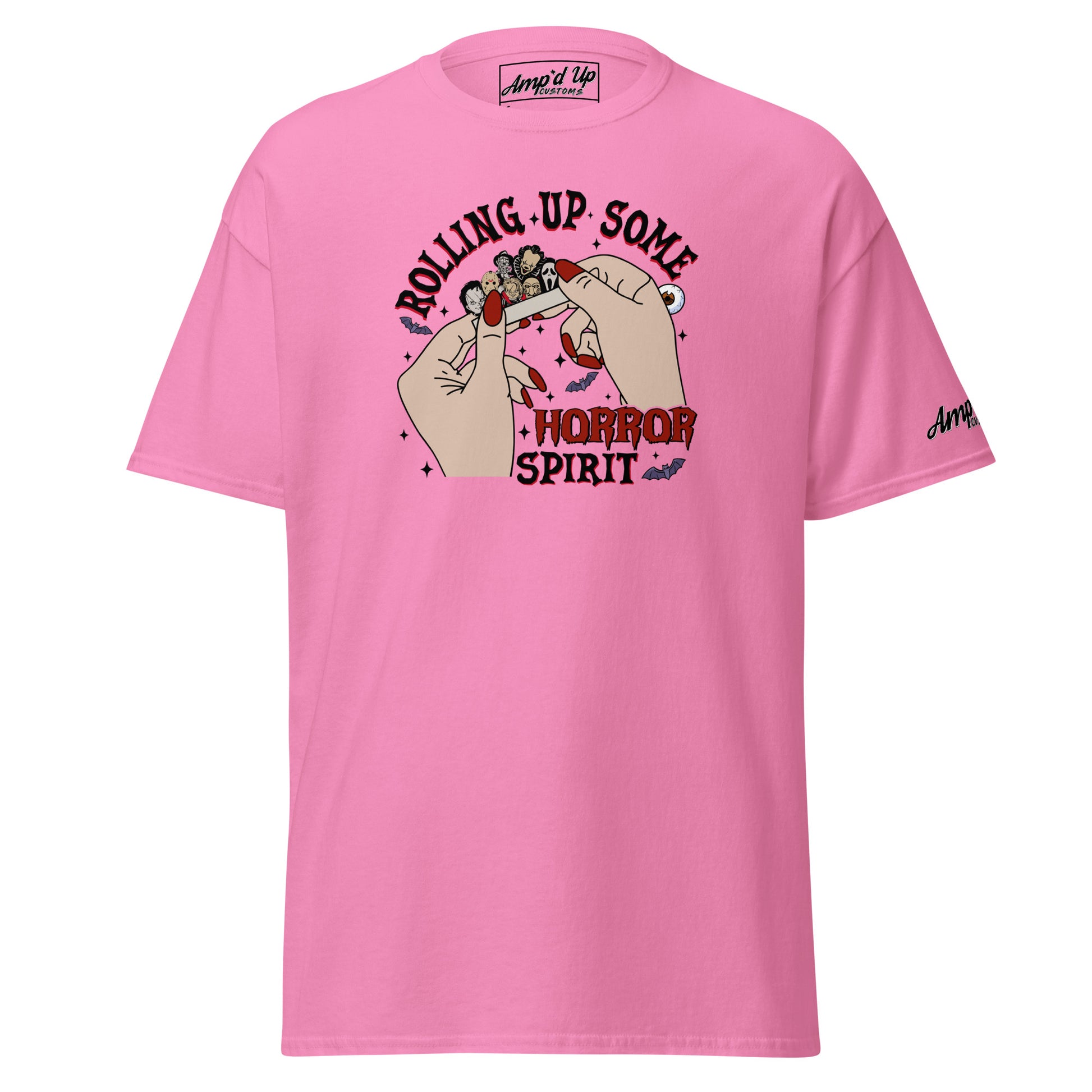 Amp'd Up Custom pink Rolling up Some Horror Spirit T-Shirt with graphic hands rolling a horror-themed joint