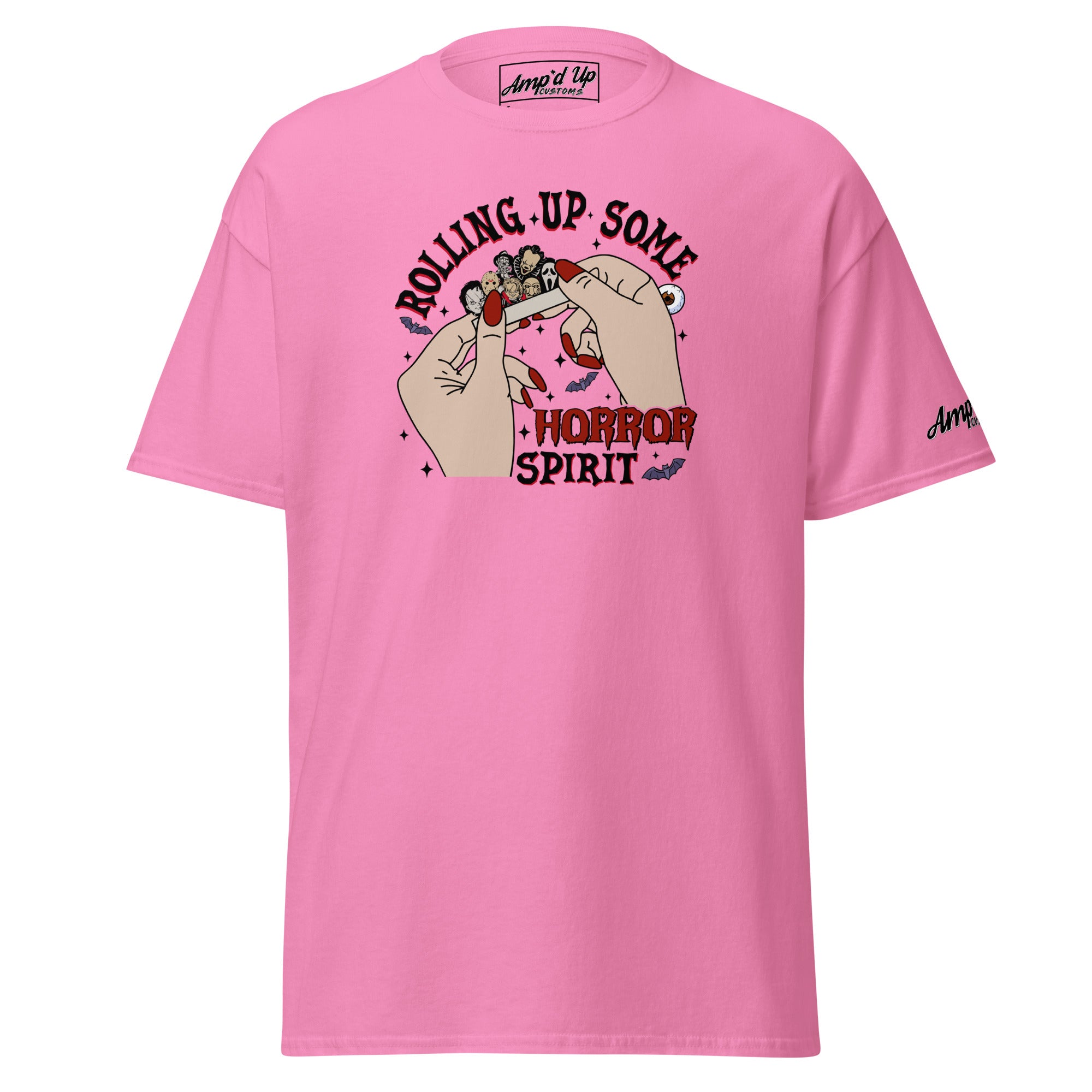 Amp'd Up Custom pink Rolling up Some Horror Spirit T-Shirt with graphic hands rolling a horror-themed joint