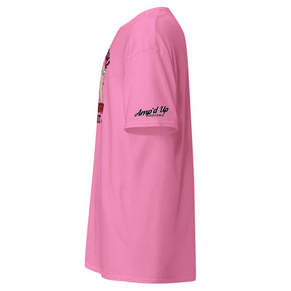 Amp'd Up Custom pink Rolling up Some Horror Spirit T-Shirt side view with logo on sleeve