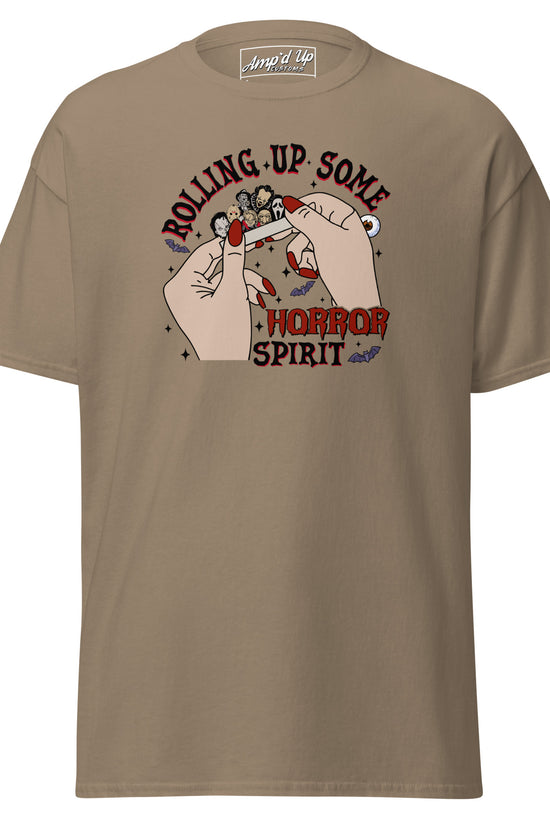 Amp'd Up Custom Rolling up Some Horror Spirit T-Shirt with hands rolling a horror-themed cigarette design