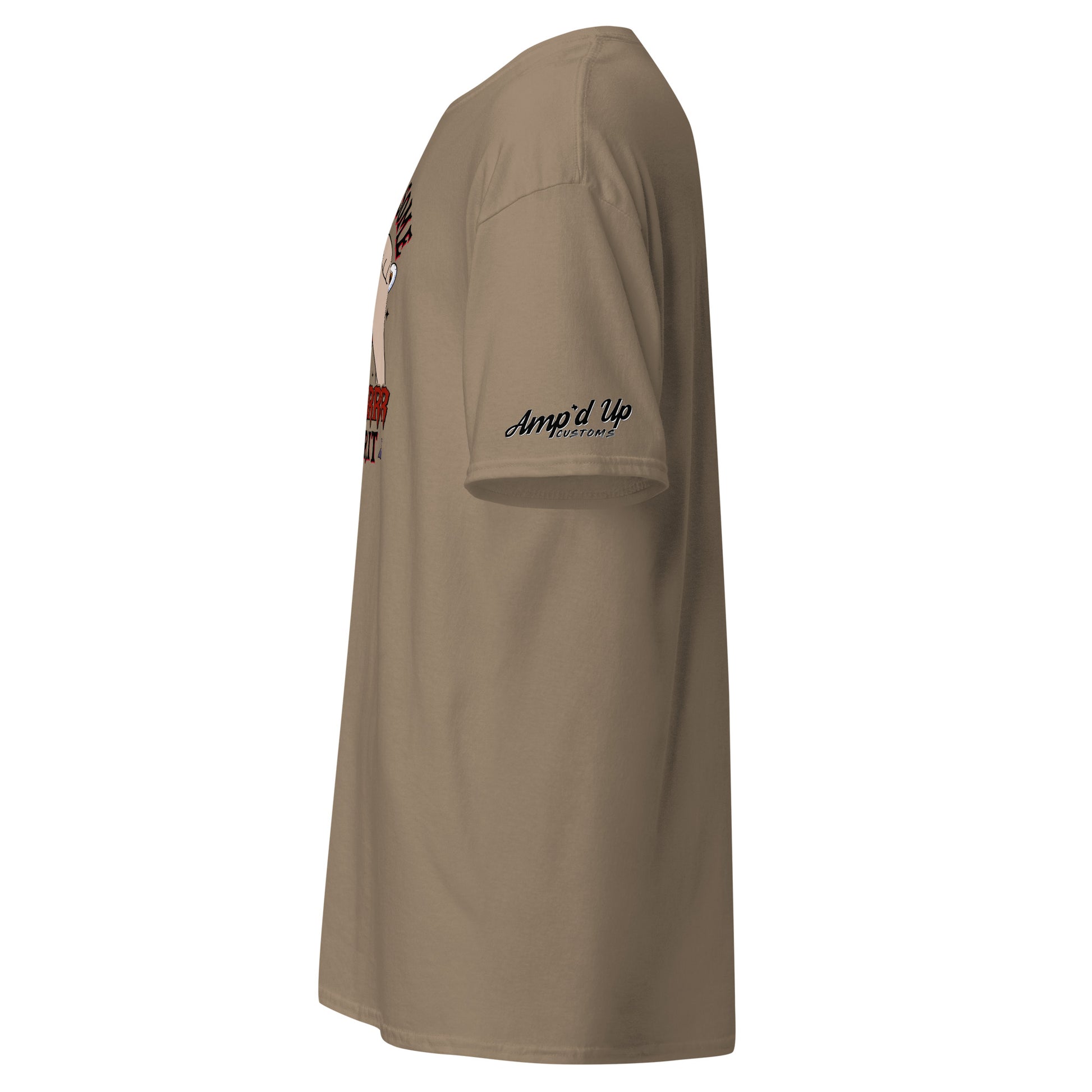 Side view of Amp'd Up Custom Rolling up Some Horror Spirit T-Shirt in brown with logo on sleeve