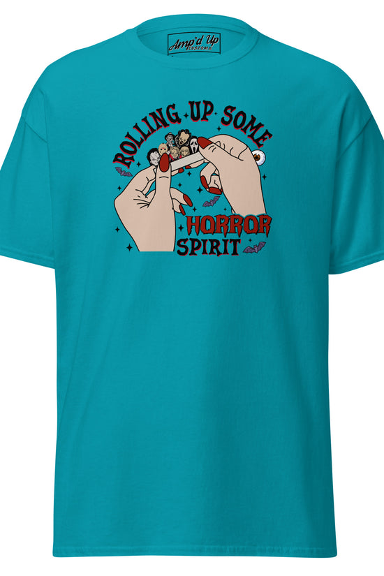 Rolling up Some Horror Spirit T-Shirt by Amp'd Up Custom in teal with graphic hands rolling a paper on front