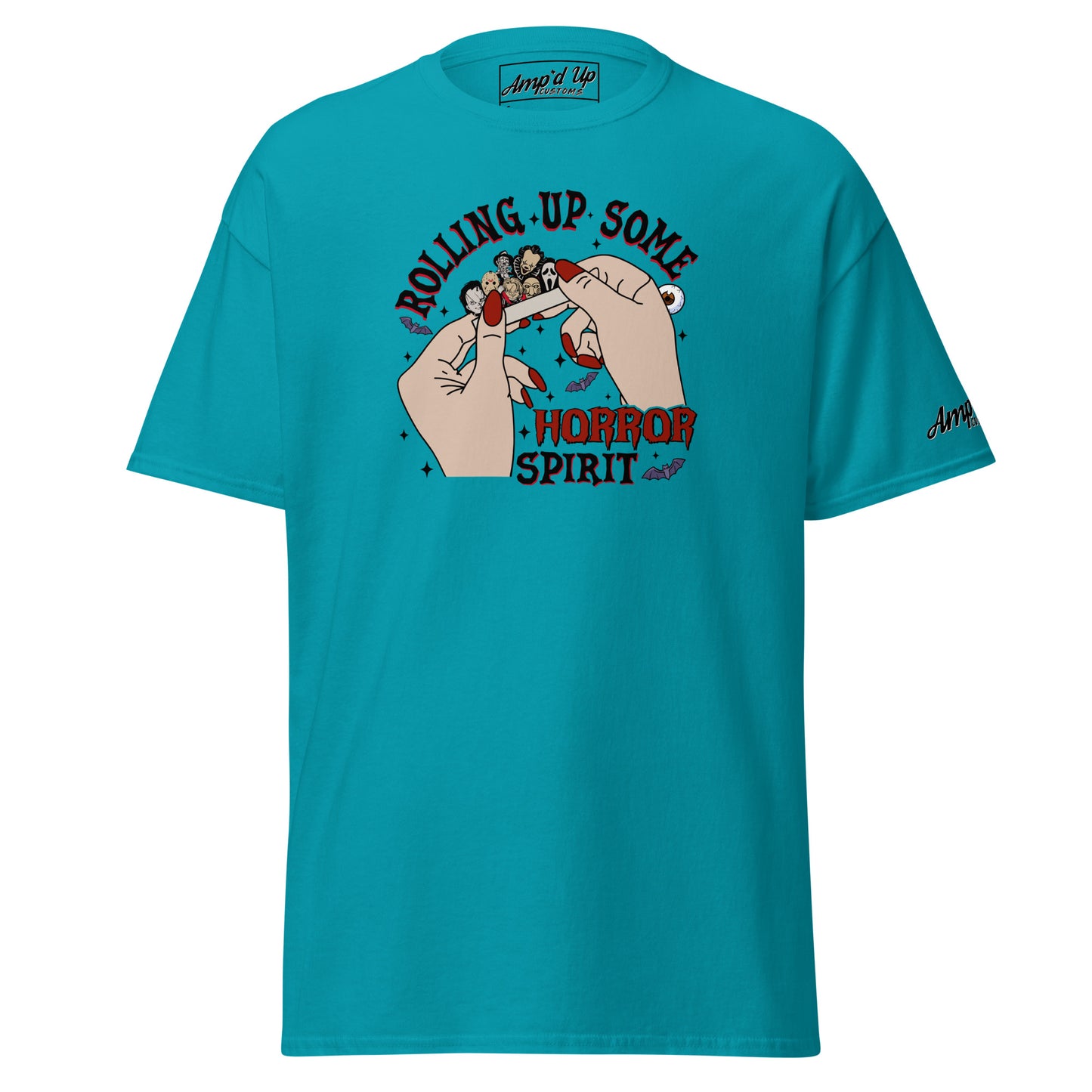 Rolling up Some Horror Spirit T-Shirt by Amp'd Up Custom in teal with graphic hands rolling a paper on front
