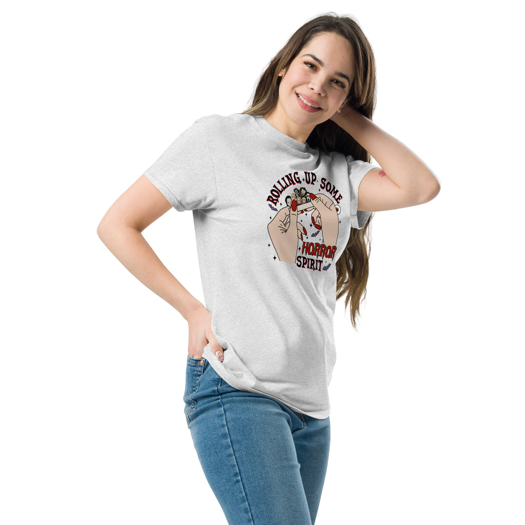 Woman wearing Amp'd Up Custom Rolling up Some Horror Spirit T-Shirt with horror-themed graphic design