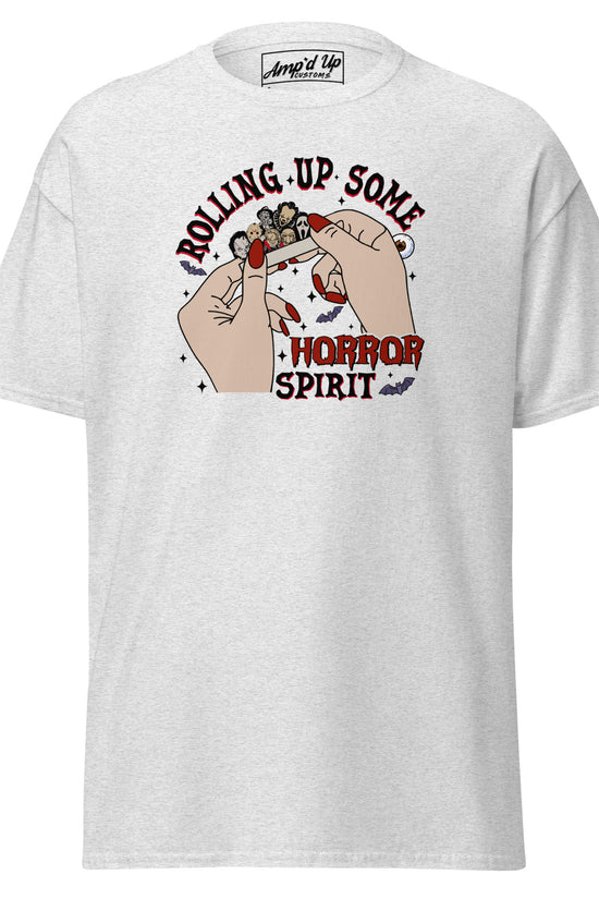 Amp'd Up Custom Rolling up Some Horror Spirit T-Shirt with graphic of hands rolling a horror-themed cigarette on white tee