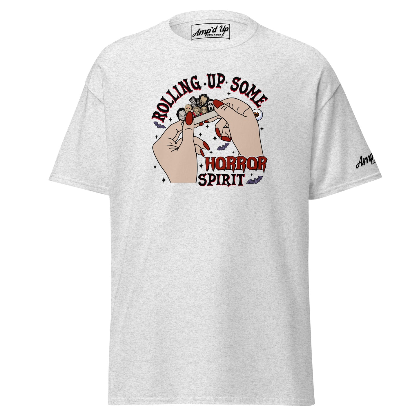 Amp'd Up Custom Rolling up Some Horror Spirit T-Shirt with graphic of hands rolling a horror-themed cigarette on white tee