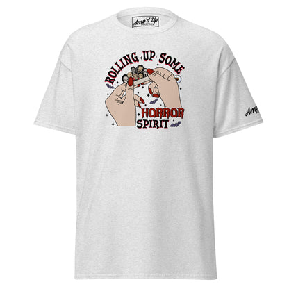Amp'd Up Custom Rolling up Some Horror Spirit T-Shirt with graphic of hands rolling a horror-themed cigarette on white tee